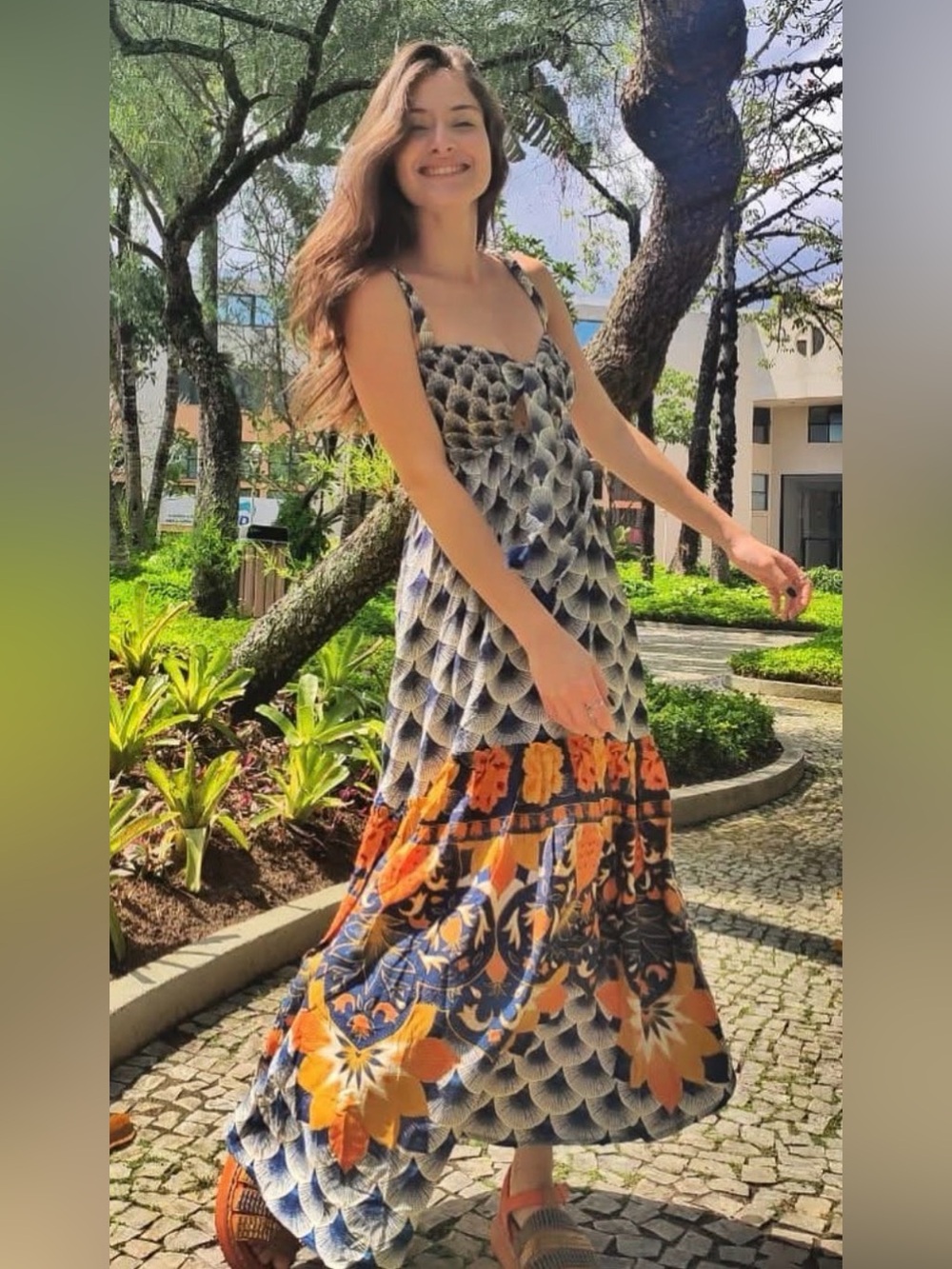 FARM Rio Blue, Orange & White Maxi Dress with Floral Border